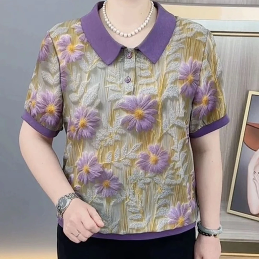 夏季新款时尚娃娃领洋气印花气质妈妈装休闲百搭薄款短袖T恤上衣