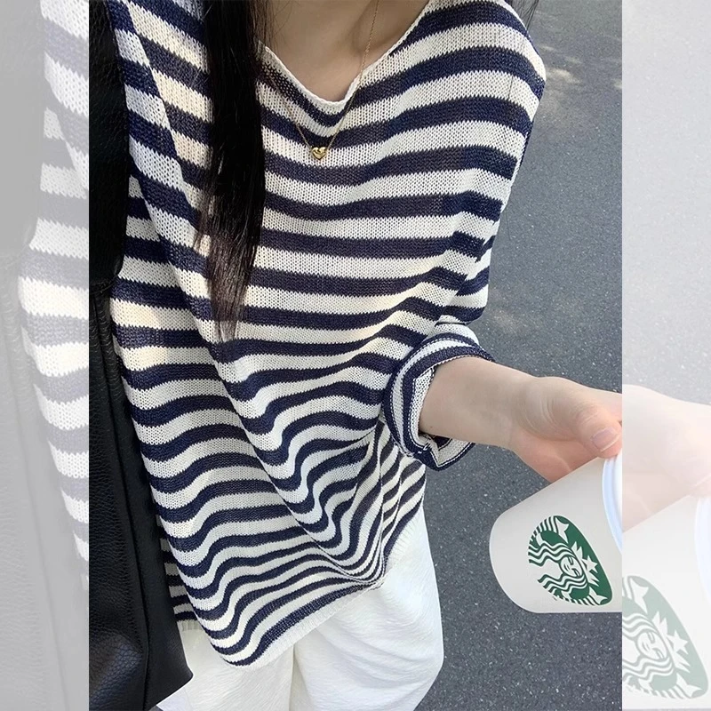 韩系chic条纹罩衫女夏季薄款慵懒宽松外搭冰丝T恤空调衫上衣