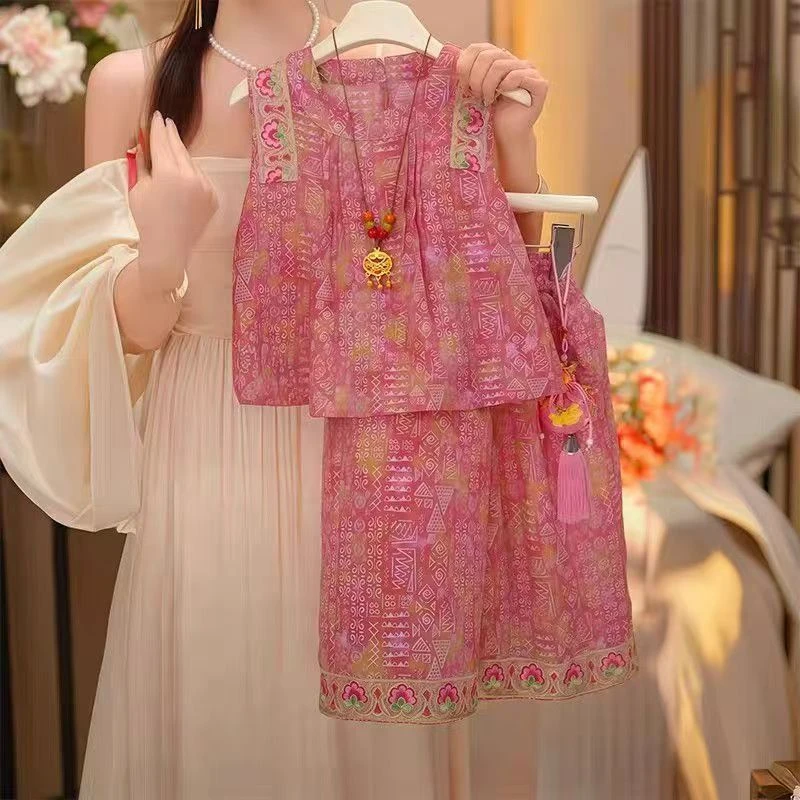 女童国风无袖阔腿裤套装夏季2025新款超薄娃娃衫复古洋气两件套