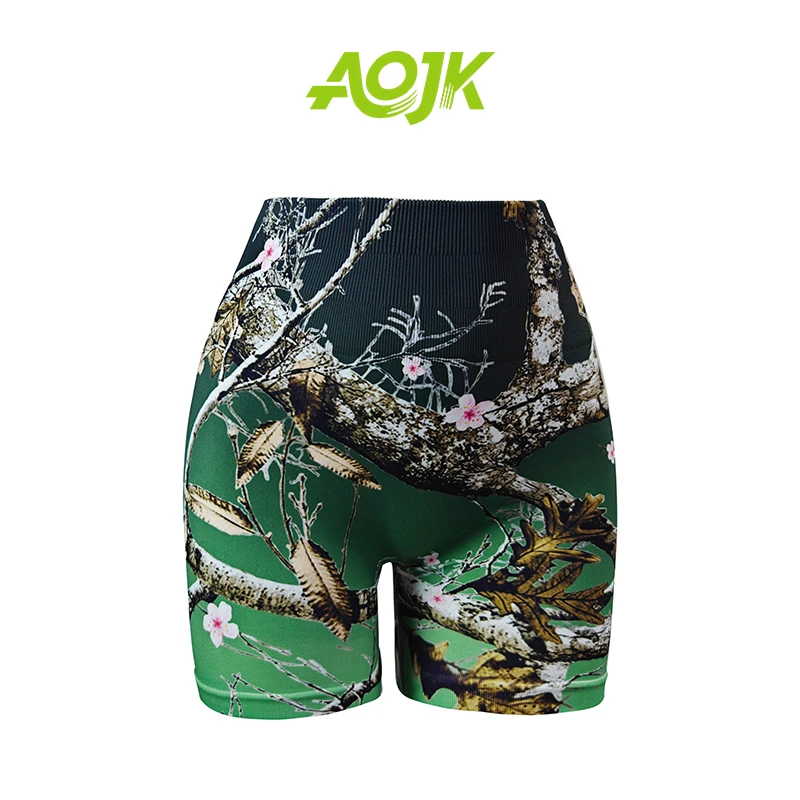 AOJK欧美高级风三分高腰瑜伽裤女式高弹蜜桃臀运动短裤女外穿印花