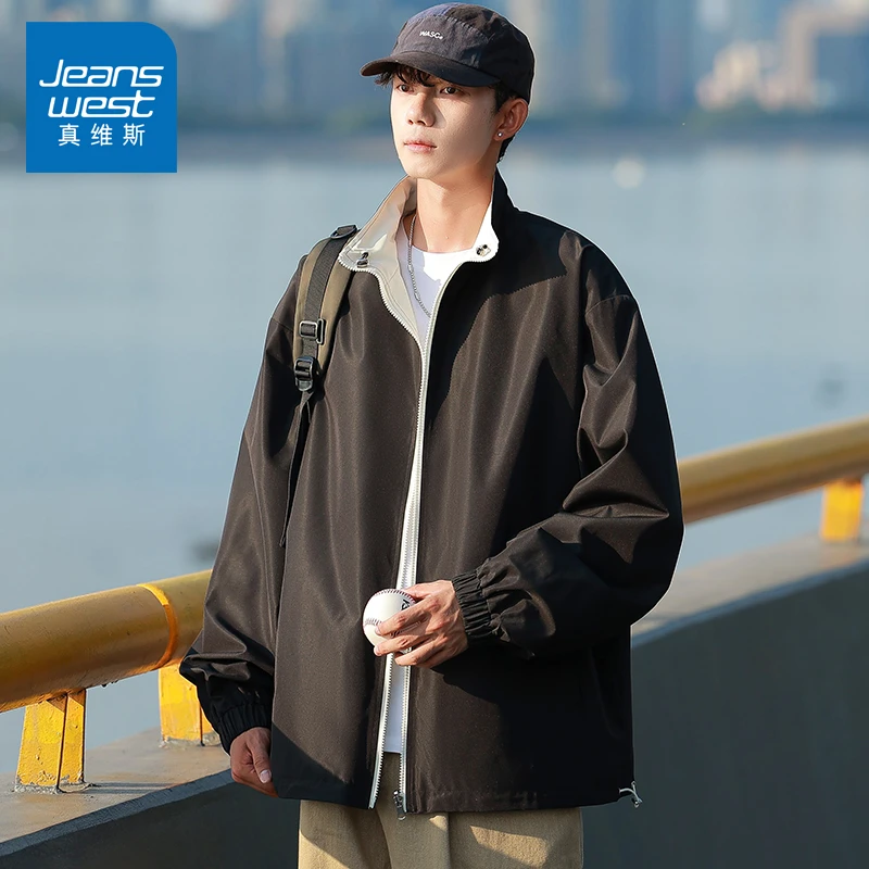 真维斯双面穿夹克男2025春季潮流运动青少年翻领冲锋衣防风外套男
