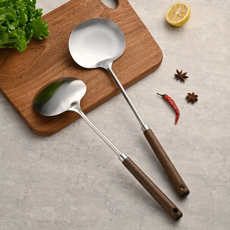 不锈钢复古实木蘑菇铲长柄炒菜勺厨房贵州炒勺汤勺家用厨具铲子