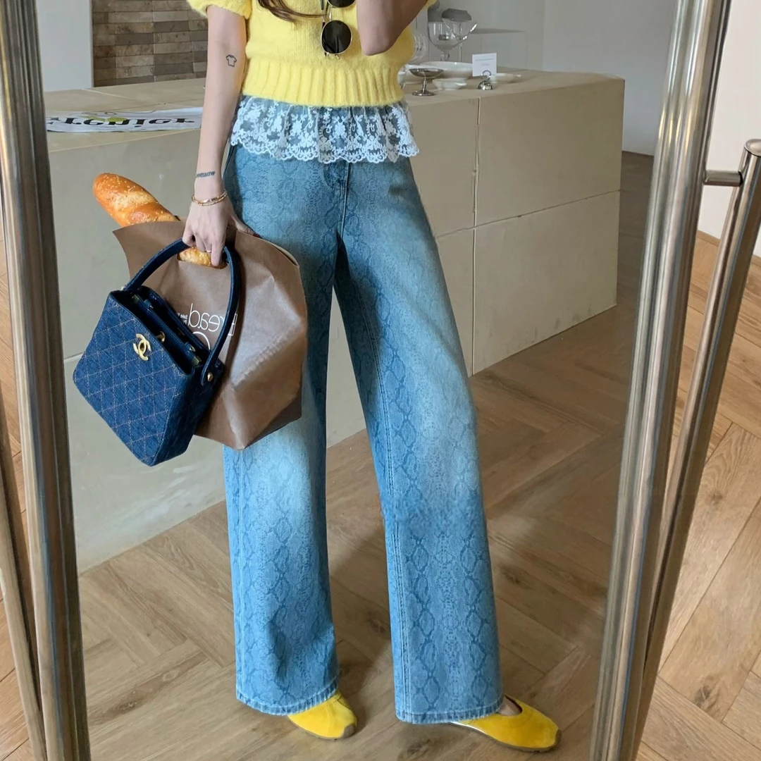 【裤博汇】82073春款新款限定蛇纹浮雕微弹软牛仔高腰直筒牛仔裤