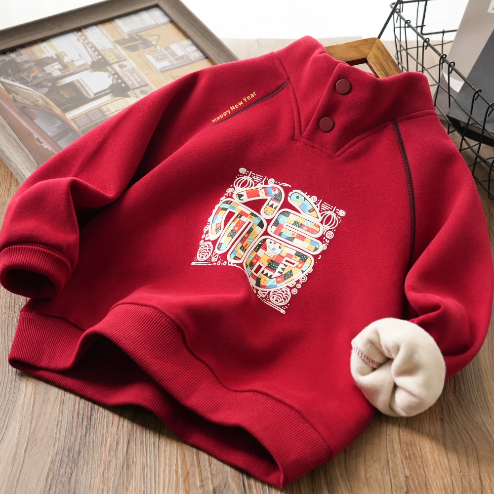 男童冬季年款彩福印花开领加绒卫衣中大童拜年服百搭6186