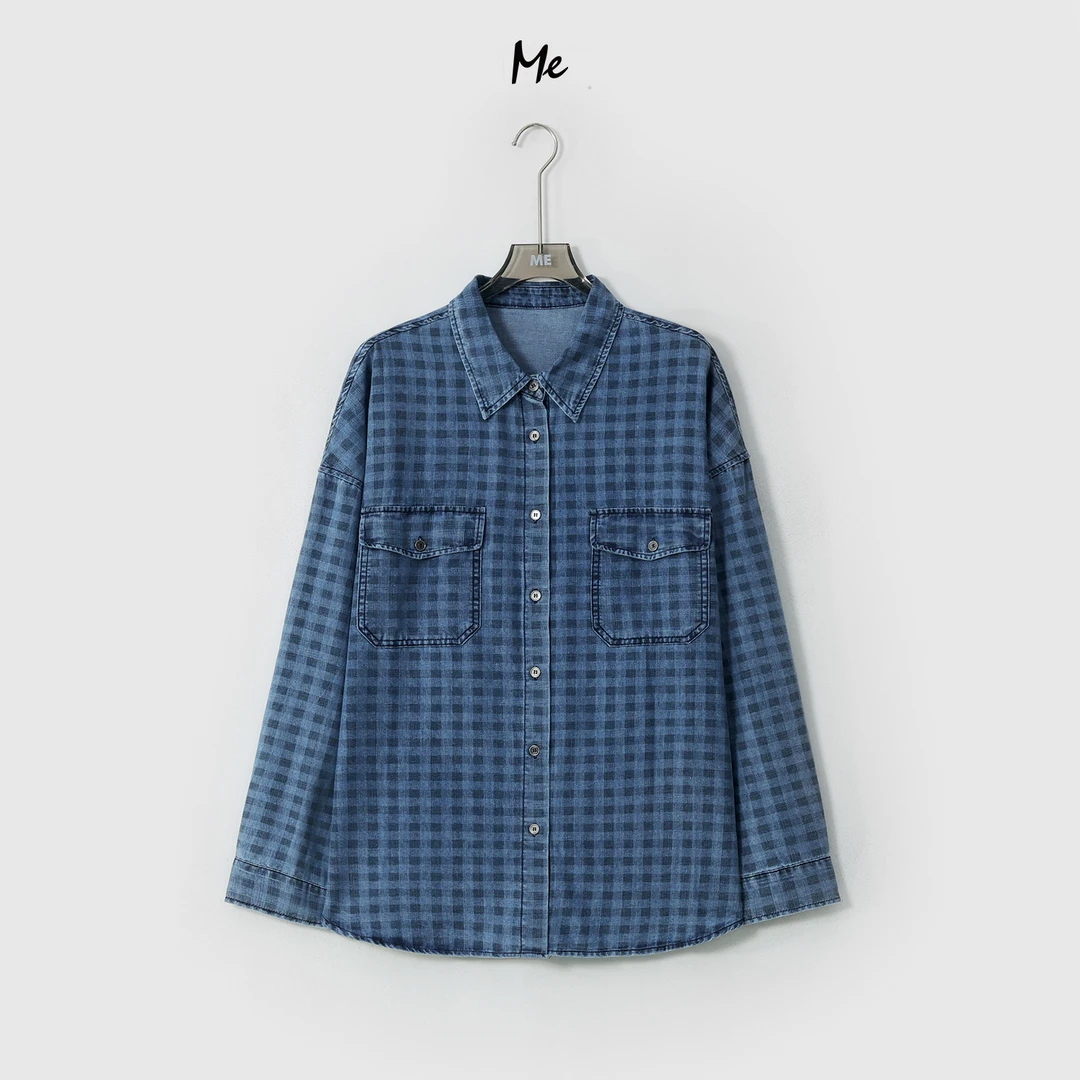 ME【猫眼格牛仔衬衫】复古英伦格时尚百搭宽松一手长外套MESA0494