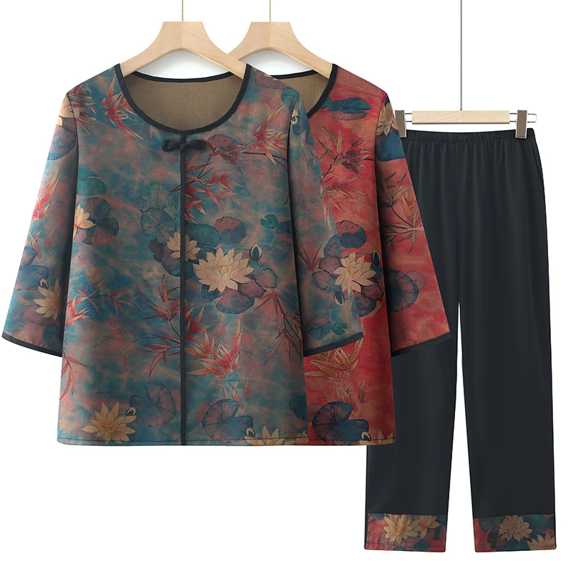 新款中老年妈妈装春夏七分袖衬衫夏装薄款宽松奶奶圆领领中袖开衫