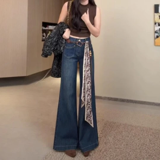 新2577#复古蓝弹力秋冬季新款微喇阔腿高腰显瘦宽松喇叭牛仔裤女