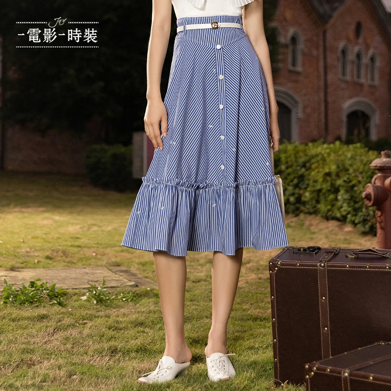 【小杨总专属】一电影一时装复古高腰条纹A摆中长半身裙 FEDQ124555