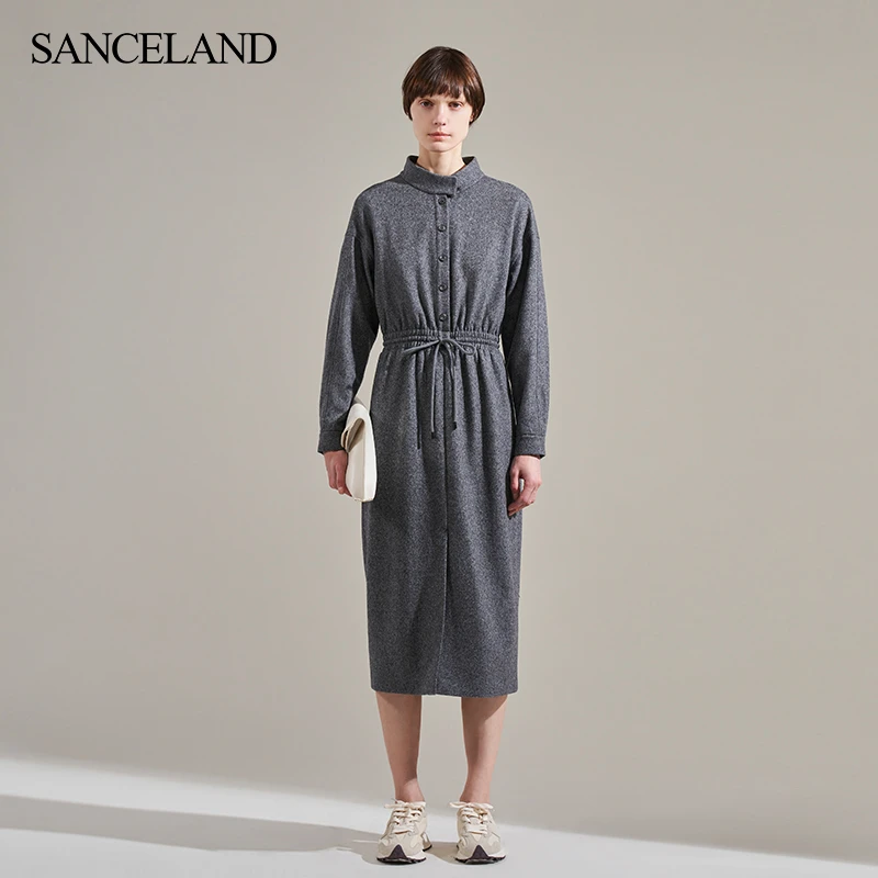 SANCELAND三石一澜冬针织羊毛立领H型长款连衣裙SH44103101