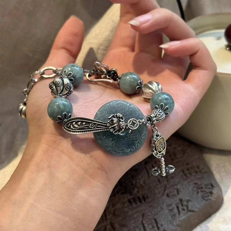 925银手链 s09250 <意浓 >回纹平安扣扎基吊坠狮子如意鱼纹珠手链