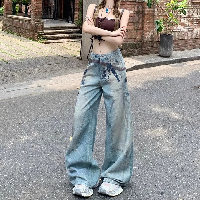 美式复古数码印花多钥匙链牛仔裤男女高街宽松拖地裤直筒阔腿长裤