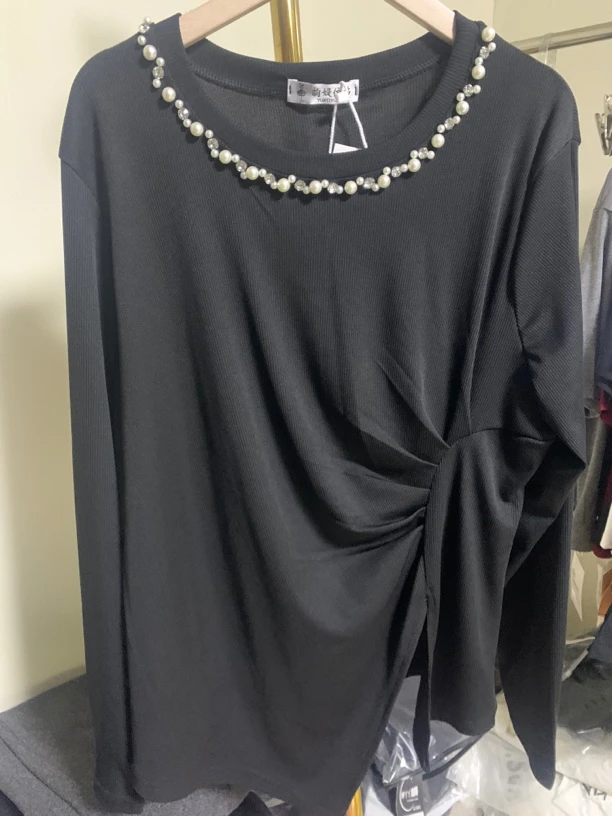 时尚2025重工钉珠不规则打底衫设计感小众气质别致独特显瘦上衣
