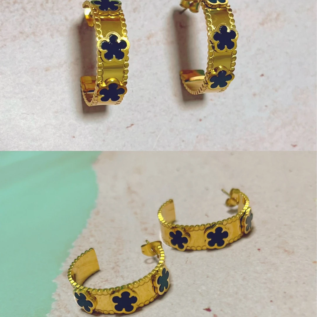 钛钢琉璃耳饰 1248钛钢高定重工立体黑色花朵耳环，耳圈2.5厘米