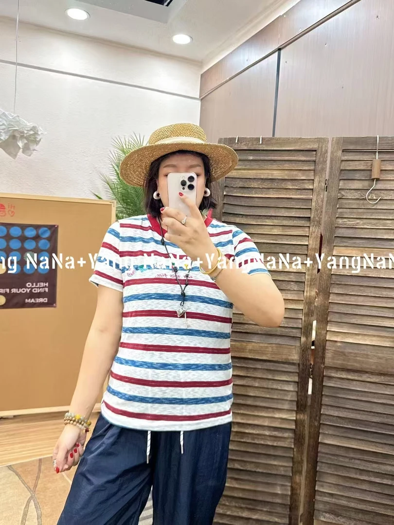 【夏天玩水穿搭包出片】百搭雪花棉麻刺绣重工外贸订单条纹T恤