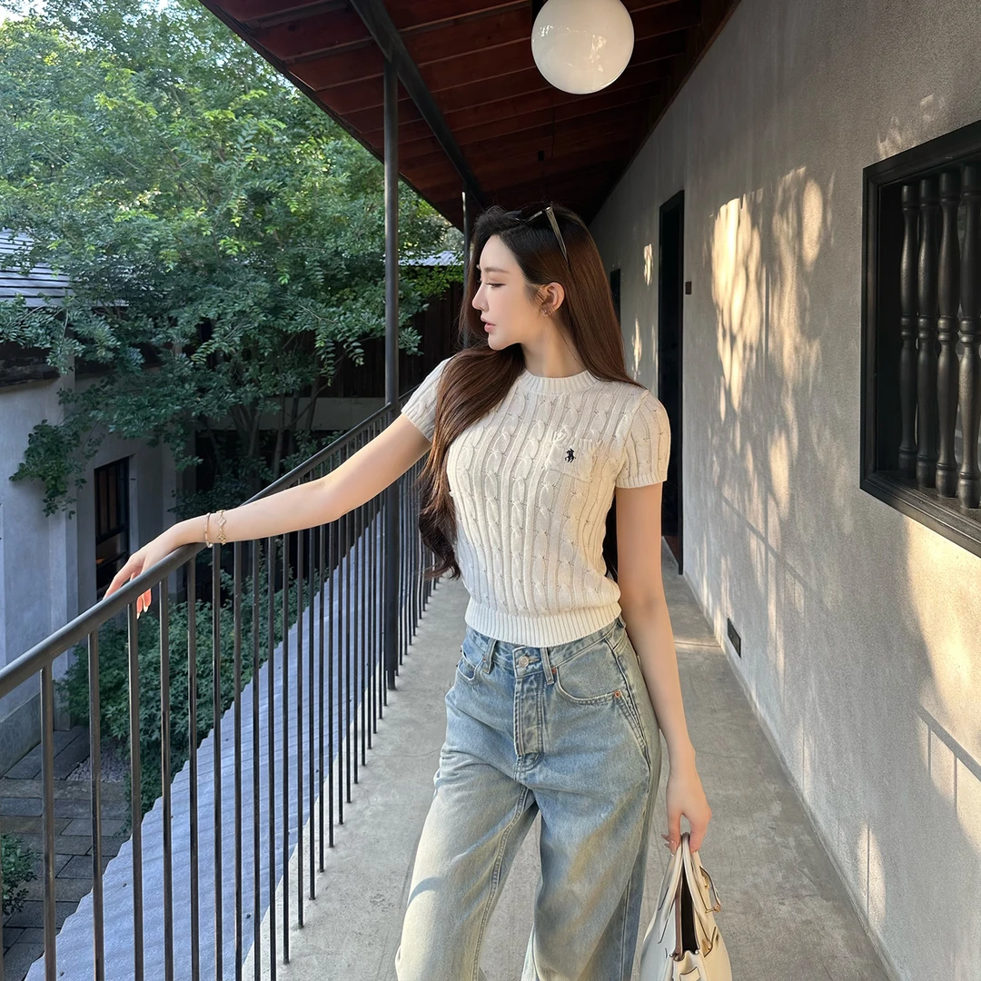 SX善喜绣花短袖轻薄针织毛衫女夏季温柔甜欲宽松百搭白色套头上衣