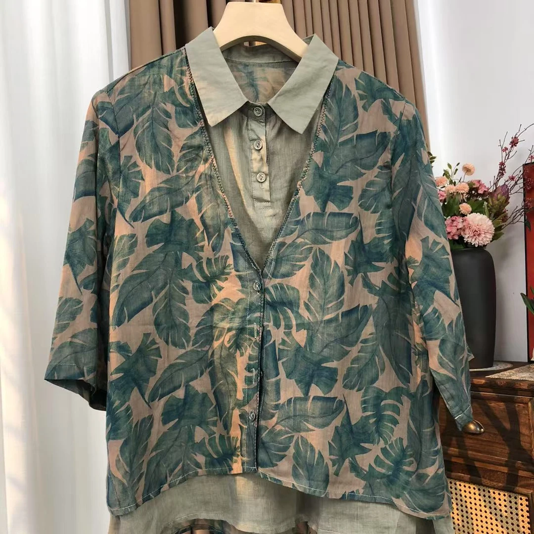 2025春夏国风碎花假两件T恤衬衫女薄款复古气质翻领七分袖上衣