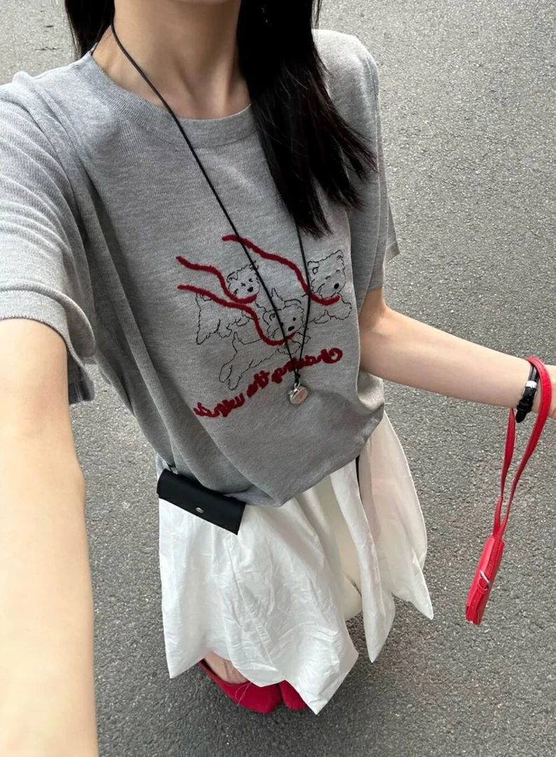 FUJIA STYLE新款韩版简约卡通小狗字母短袖圆领T恤Z103