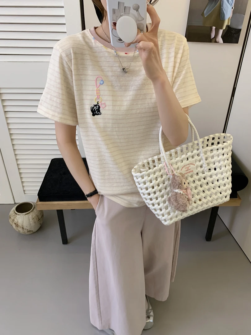 程程甄选  韩系禾禾吊坠星星猫咪经典条纹休闲T恤888