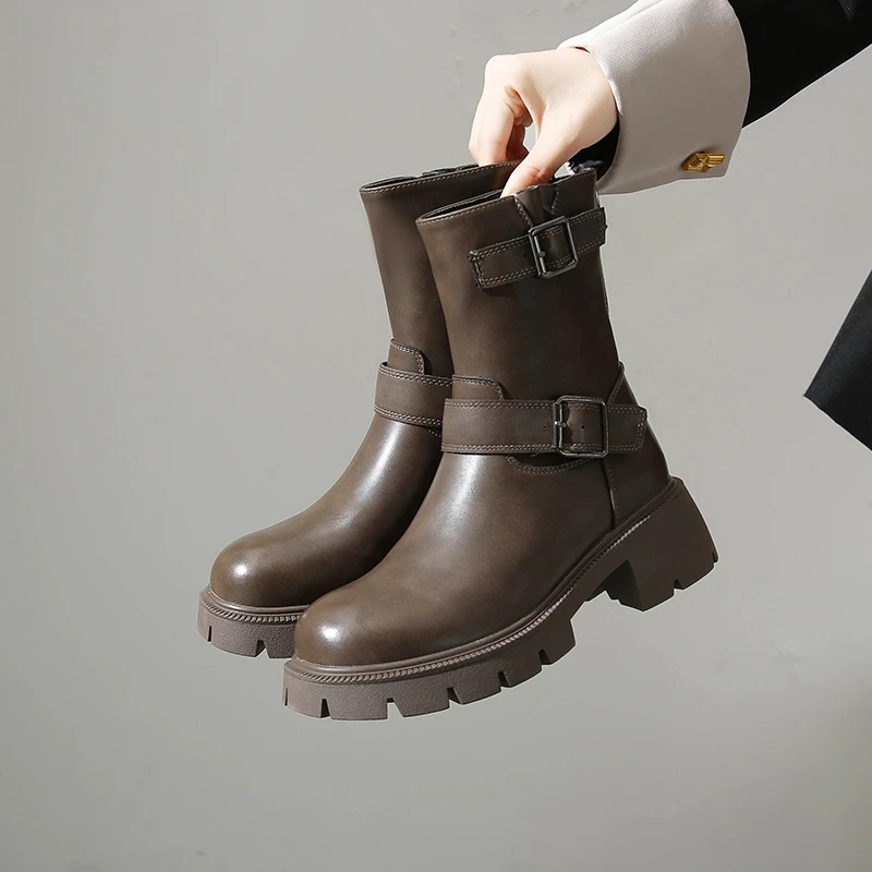 女休闲中筒靴女靴单靴欧美风中筒靴马丁靴秋冬金属2025真皮靴子