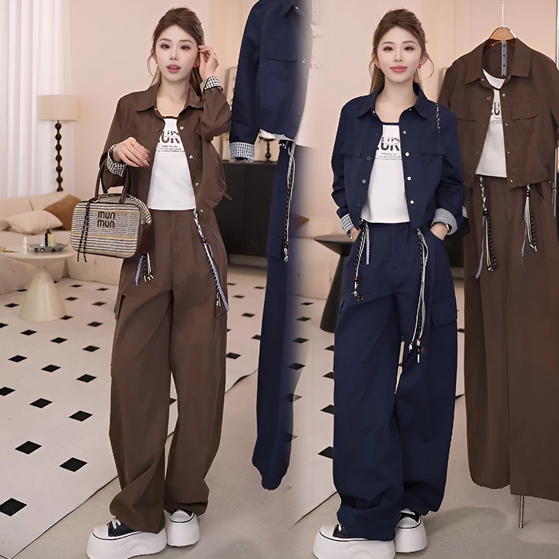官图 2025春秋新款宽松百搭三件套外套内搭休闲吊带阔腿裤套装