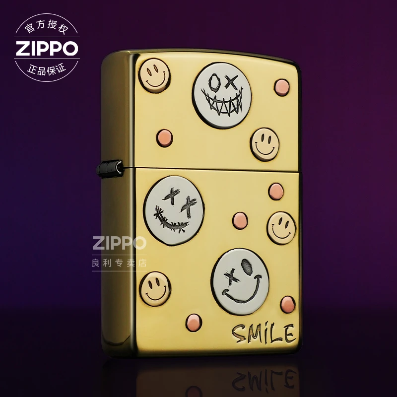 ZIPPO/之宝正品打火机 Smile笑脸黄铜镶嵌潮流收藏送男友礼物DYX1