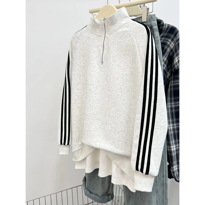 大码180斤条纹半拉链长袖卫衣早秋新款宽松百搭遮肉洋气上衣ins潮