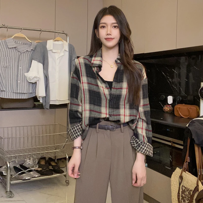 格子衬衫女宽松百搭2025春秋新款韩版衬衣