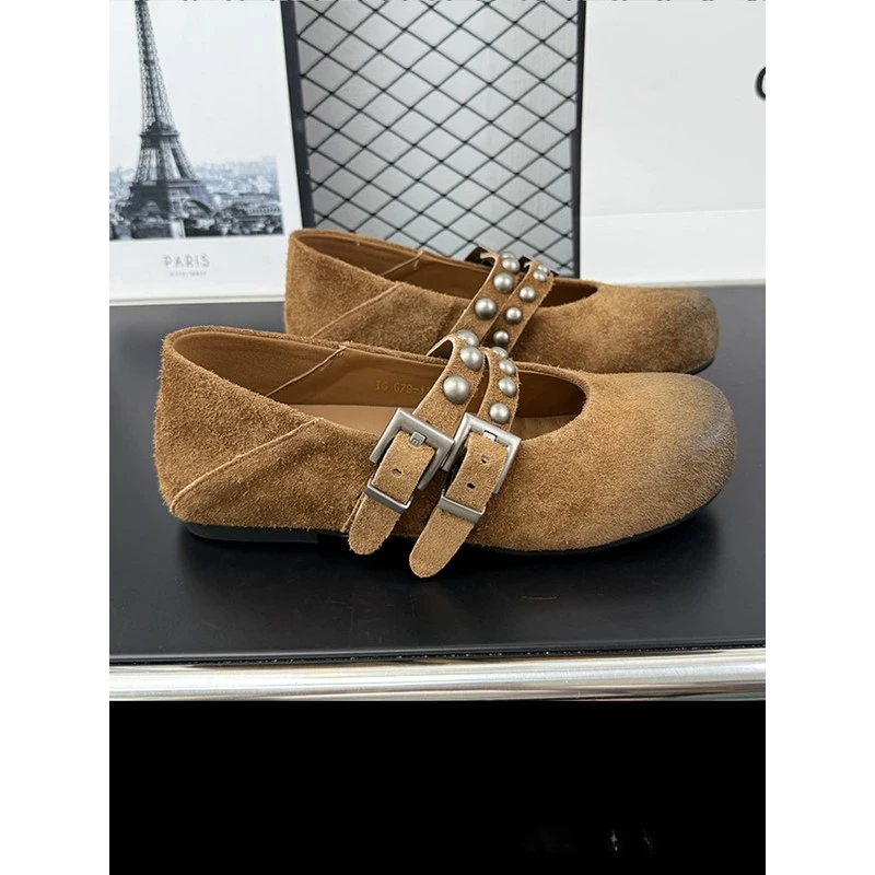 复古磨砂牛皮芭蕾舞鞋单鞋女2025新款百搭透气增高休闲时装鞋女鞋