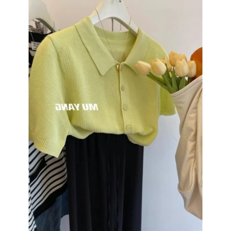 清仓亚麻Polo衫女短袖t恤薄款夏季宽松正肩冰丝翻领针织开衫上衣