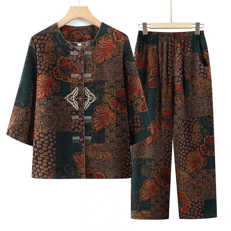 奶奶夏季绵绸七分袖套装老年人70岁妈妈人造棉两件套老太太衣服