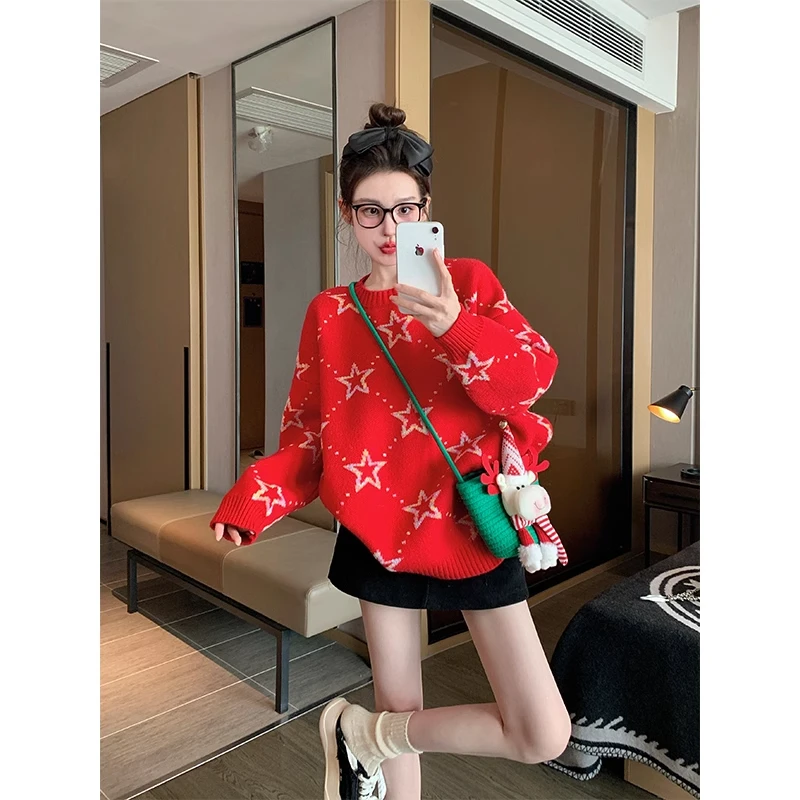 红色圣诞星星套头毛衣女2024新款秋冬季加厚设计感小众内搭针织衫
