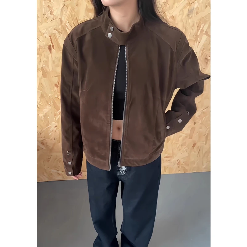 美式复古咖色反绒麂皮立领短款外套男秋季痞帅感老钱风哈灵顿夹克