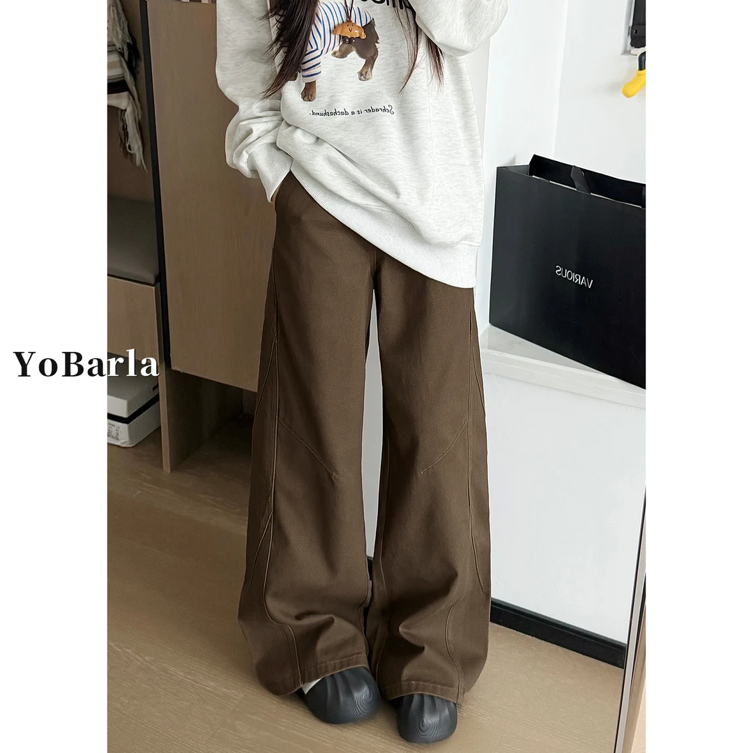 美式复古咖色阔腿牛仔裤女冬季加绒胖mm大码宽松垂感显瘦直筒裤子