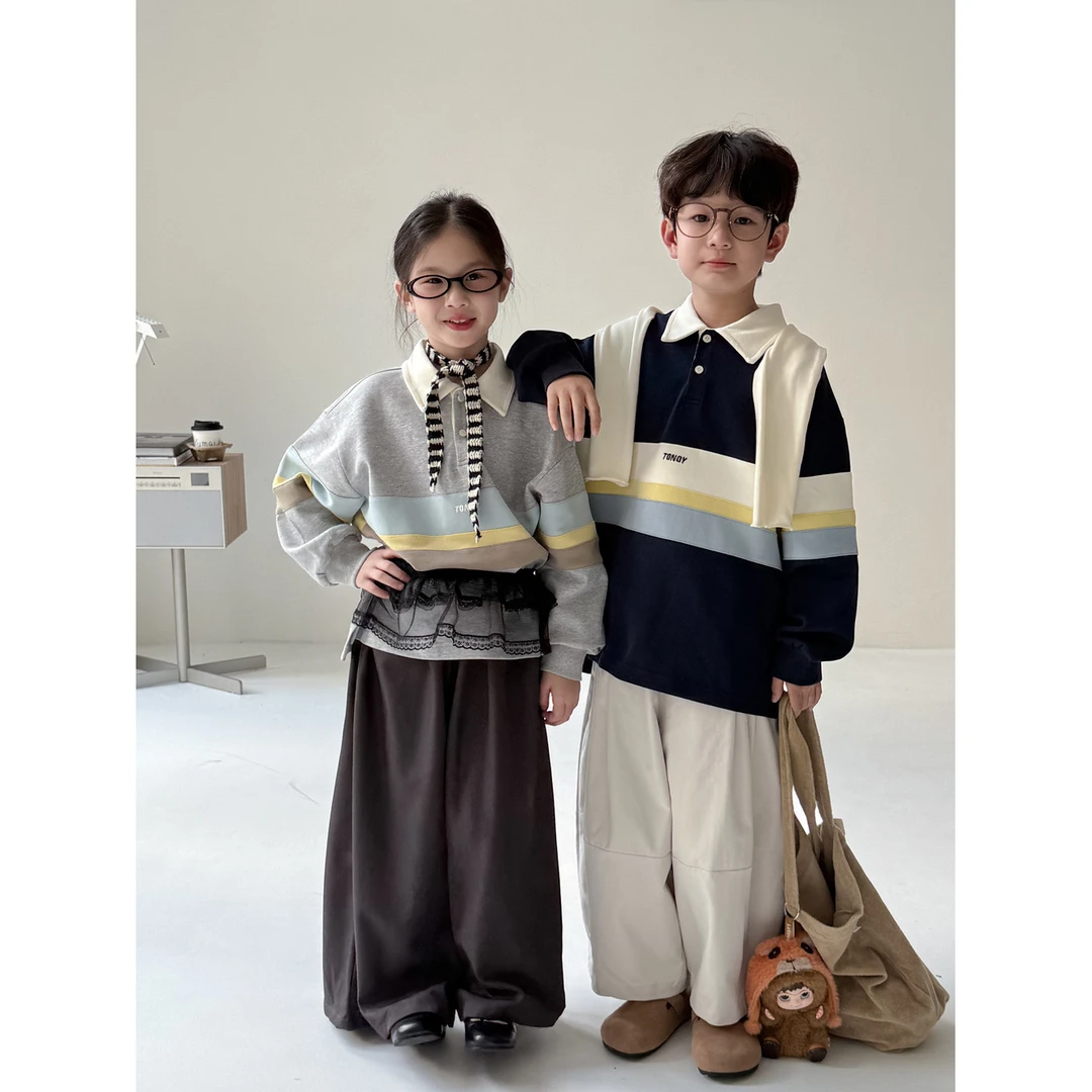 童卫衣2025秋季男童女童韩版宽条纹字母上衣儿童翻领休闲宽松卫衣