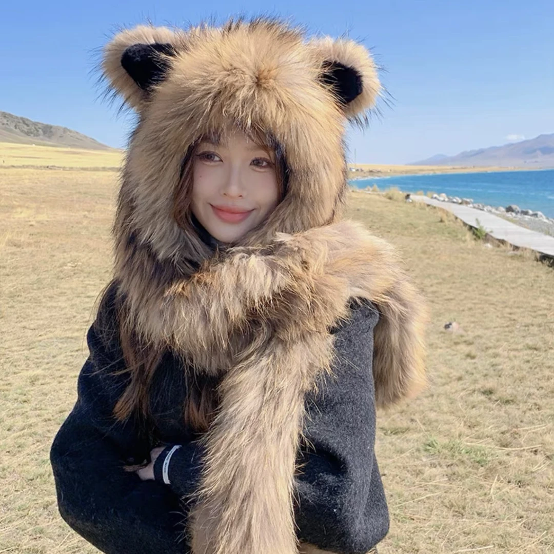 真皮真毛风雪帽女款可爱猫耳朵帽子围巾一体狐狸貉子毛编织款护耳