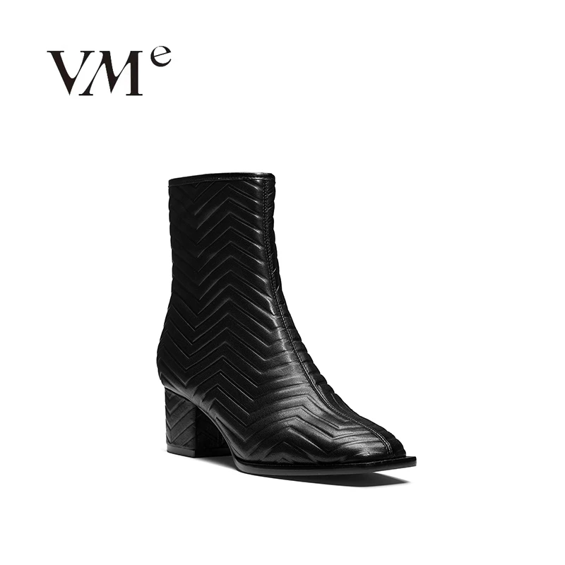 VME/舞魅黑色简约气质时尚粗跟尖方头秋冬时装靴【VS23D9401】