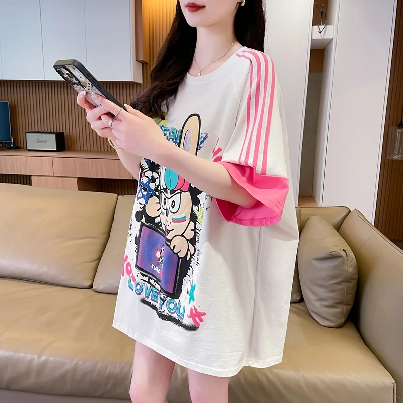 夏装新款洋气拼色纯棉宽松遮屁股孕妇短袖t恤女配鲨鱼裤上衣女ins