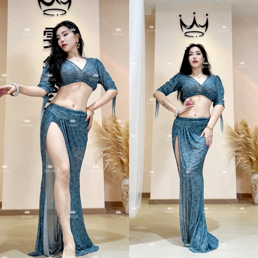 swegal2025新款肚皮舞练功服灰蓝小菊花网纱套装东方舞服装显白