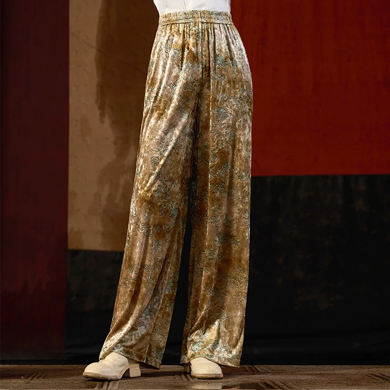 界内界外金丝绒印花松紧休闲慵懒百搭显瘦拖地裤阔腿长裤J43K7074