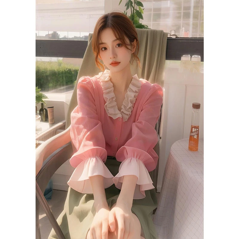 粉色法式小衫衬衣女2025新款爆款独特超好看单穿荷叶边衬衫春夏季