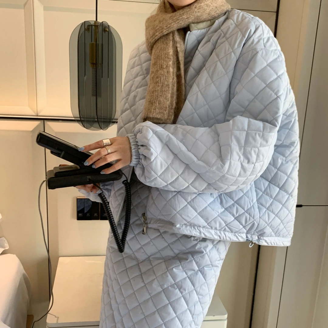 Yuki wang尔诺明信片-秋冬多巴胺两穿菱形格棉服套装长半裙