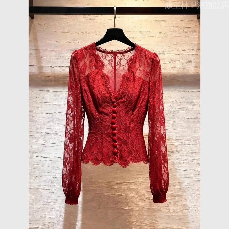 新年圣诞巨好看红色蕾丝衬衫2025冬季爆款轻奢高级感收腰内搭上衣
