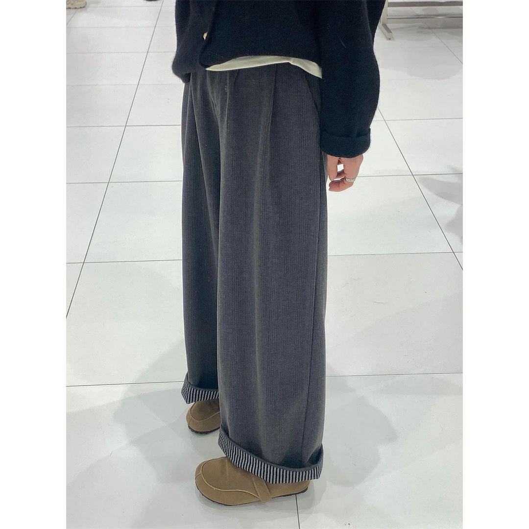 大码冬季款深灰色加绒毛呢直筒阔腿裤女梨形身材高腰宽松显瘦长裤