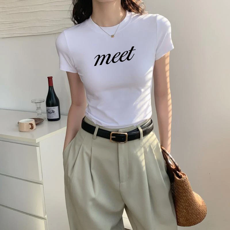 白色小高领短袖t恤女春夏2025新款打底外穿正肩修身百搭印花上衣T
