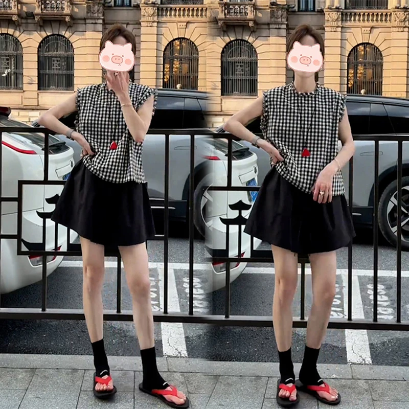 轻奢气质格子上衣女夏季爆款设计感小众无袖衬衣阔腿裙裤两件套装