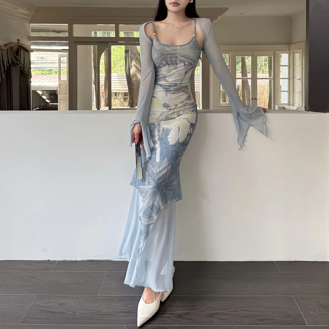 小可WIWI复古风气质优雅轻奢清新显腰网纱开衫印花吊带连衣裙套装