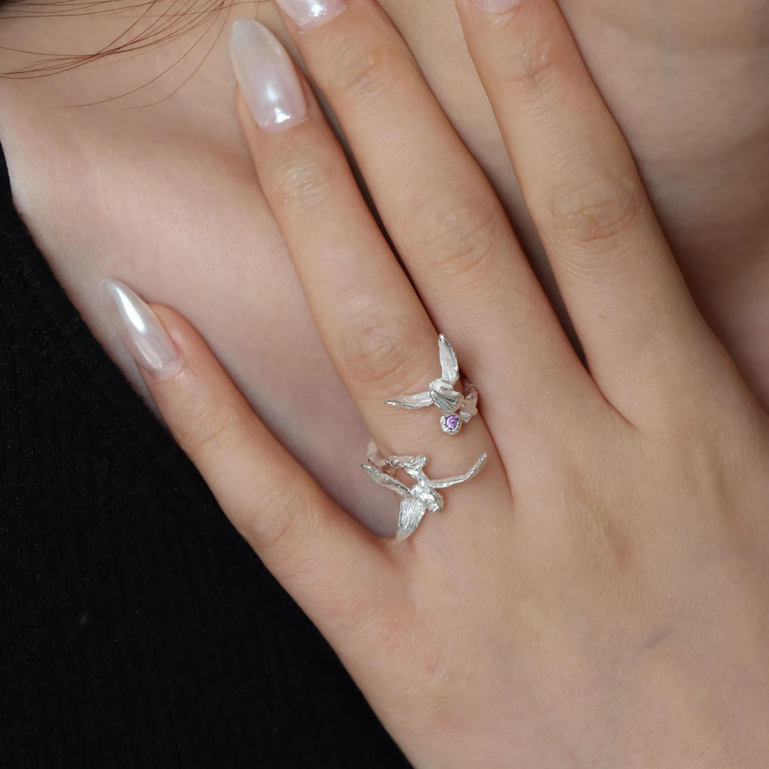 东黑三白 925银戒指 待放与盛开s93银设计感开口兰花百搭小众戒指