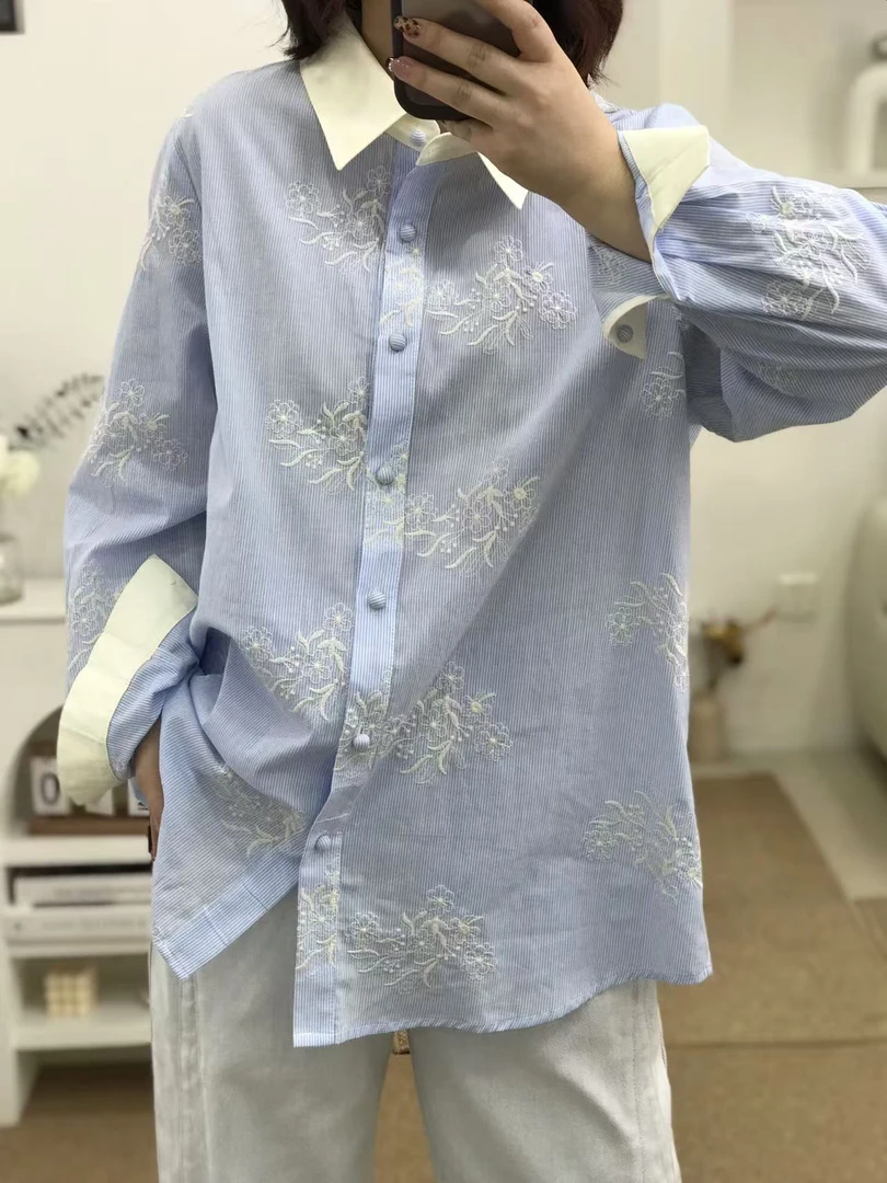 {莹莹推荐}1301秋季大码女装撞色刺绣花纹衬衣
