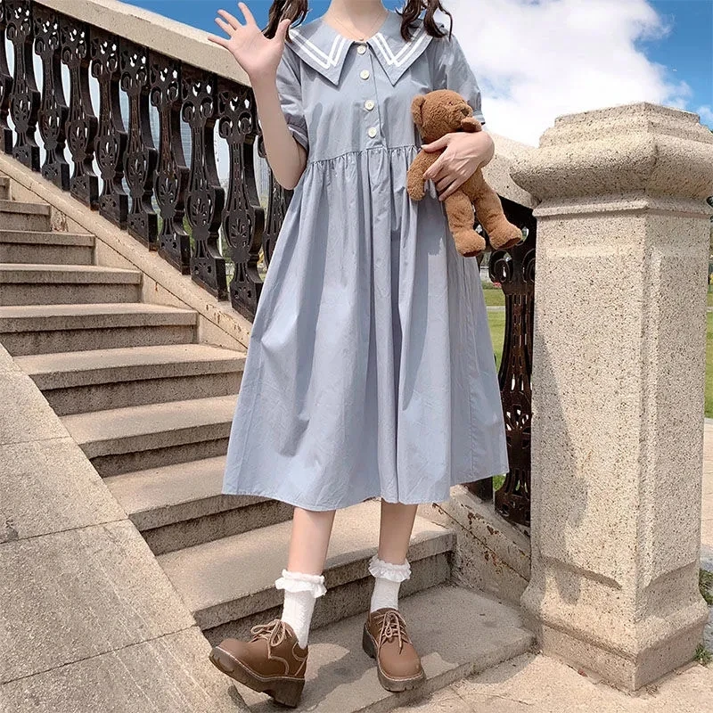 女童洋气娃娃领学院风连衣裙宽松韩版中大童小女孩收腰学生公主裙