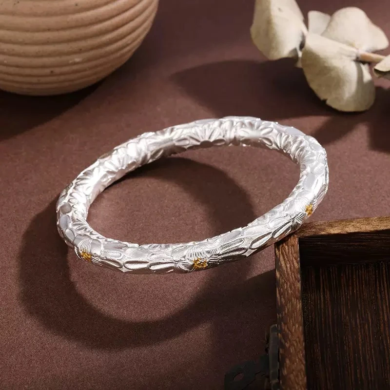 爆款-999.9描金牡丹花篆刻拉丝精美经典闭口镯